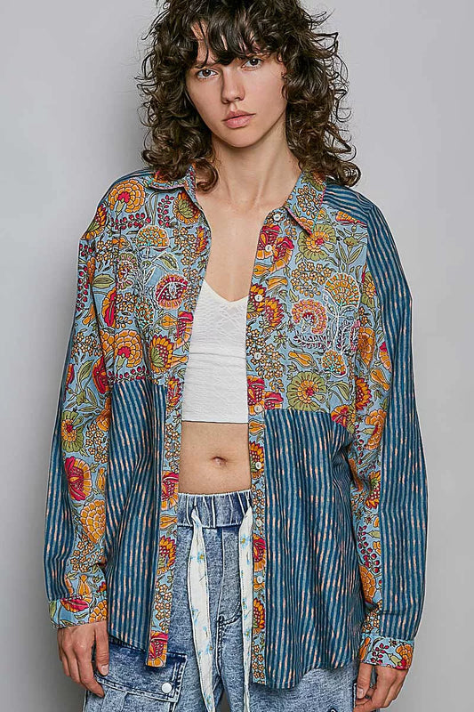 POL Patchwork Mixed Textured Paisley Floral Stripe Long Sleeve Shirt