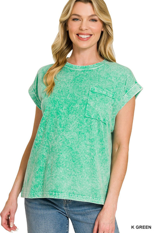 Zenana Halo Snow Washed Cuffed Short Sleeve Tee