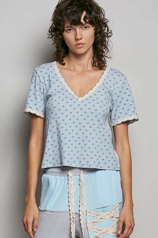 POL Floral V-Neck Short Sleeve Rib T-Shirt