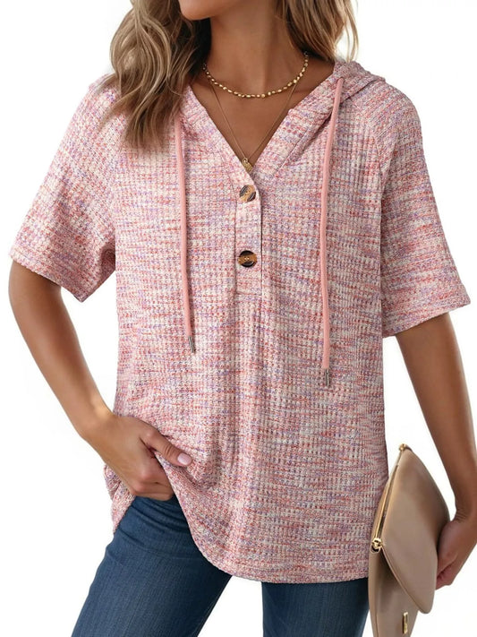 Drawstring Short Sleeve Hooded Top