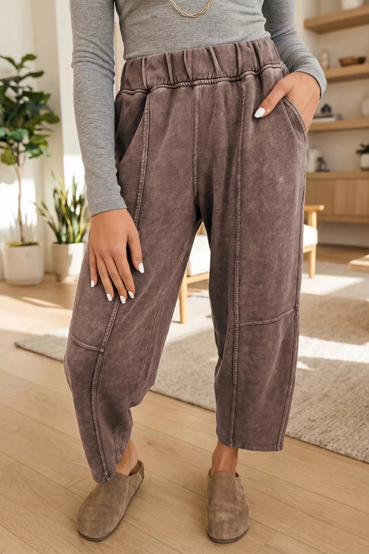 Mineral Wash Seam Detail Elastic Waist Barrel Pants