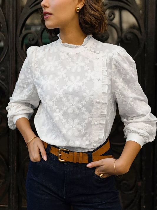 Floral Embroidered Ruffle Trim Blouse