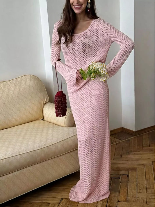 Openwork Long Sleeve Knit Top and Skirt Set