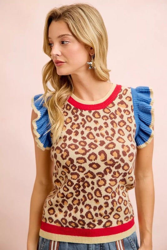 BiBi 4th Of July Leopard Ruffled Detail Knit Top