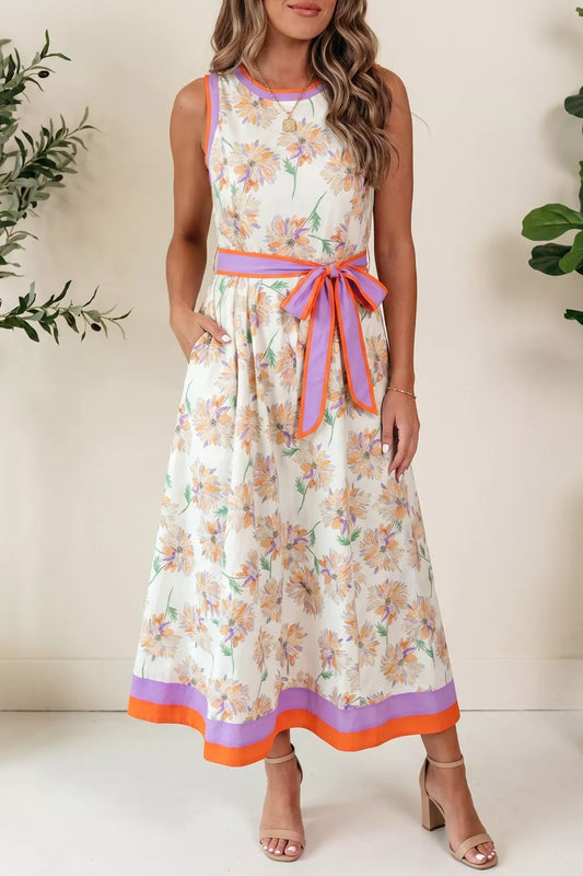 Floral Print Color Block Trim Belted Sleeveless Dress