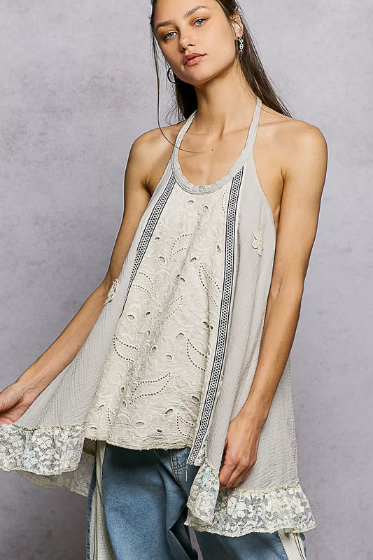 POL Lace Ruffle Halter Neck Double Gauze Top with Crochet Patch