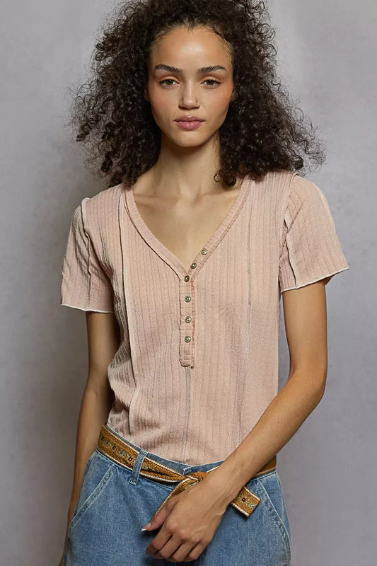 POL V-Neck Short Sleeve Top with Stitch Seam Detail