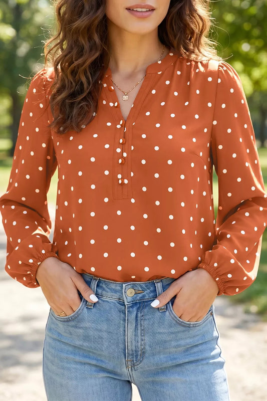 Polka Dot Half Button V Neck Long Sleeve Blouse
