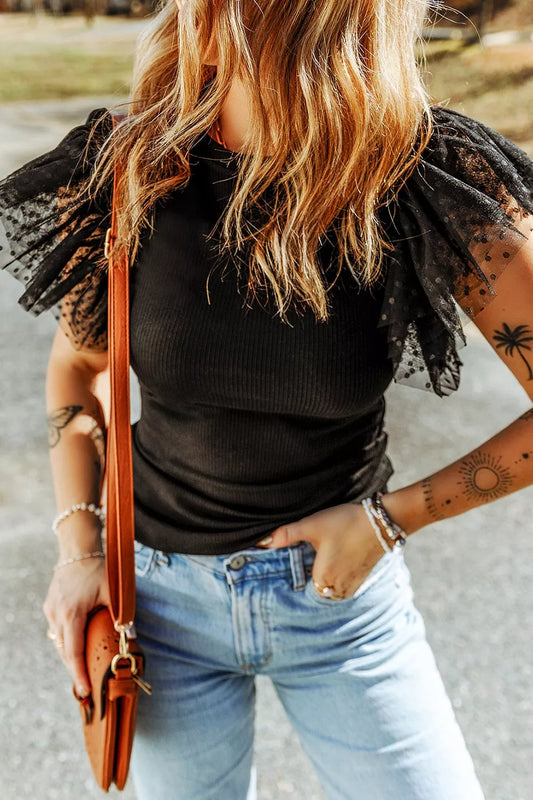 Polka Dot Mesh Sleeve Ribbed Top