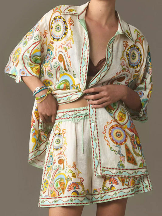 Printed Button Up Shirt and Shorts Set