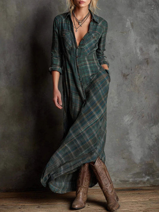 Plaid Long Sleeve Maxi Shirt Dress