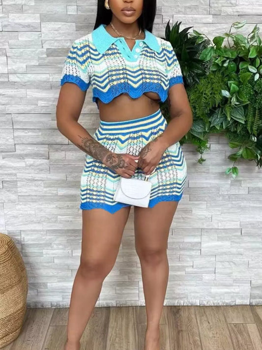 Chevron Knit Polo Crop Top and Mini Skirt Set