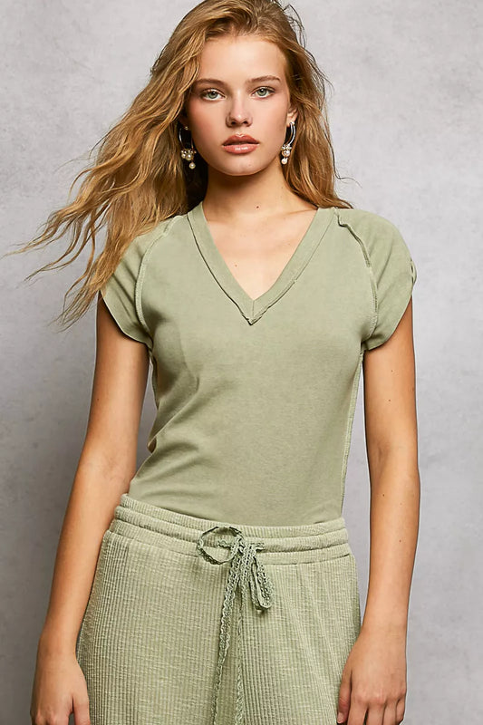 POL V-Neck Short Sleeve Washed T-Shirt with Outseam