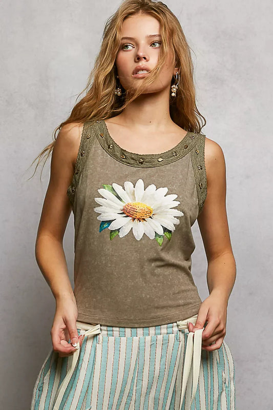 POL Washed Floral Stud Round Neck Slim Tank