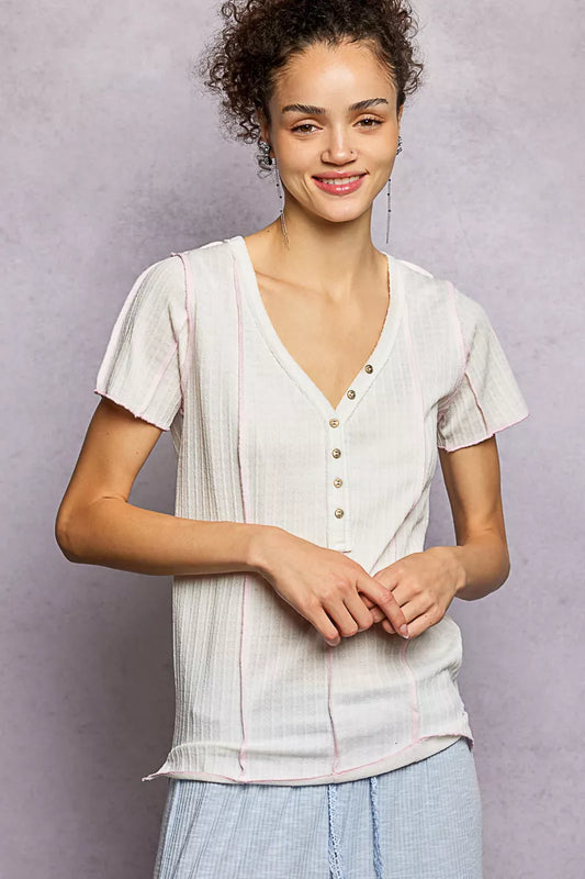 POL V-Neck Short Sleeve Top with Stitch Seam Detail