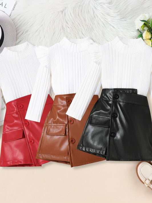 Children's Ribbed Knit Top and Leather Skirt Set