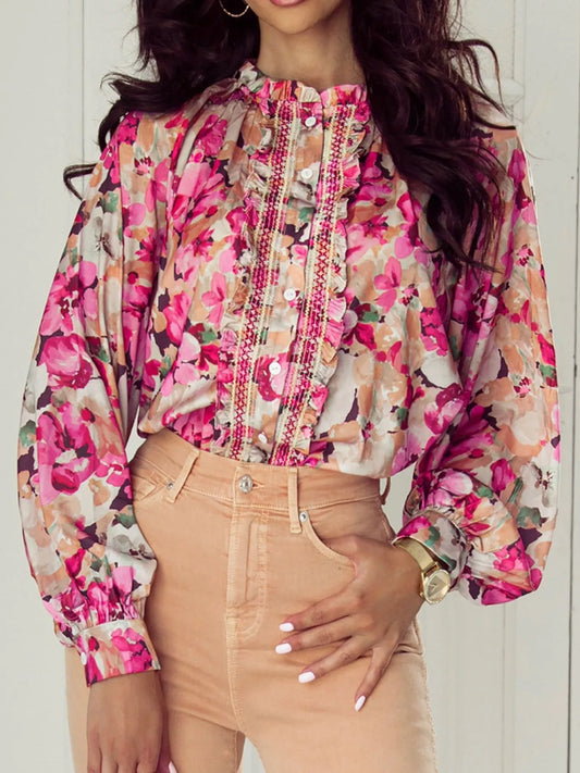 Floral Print Ruffle Trim Long Sleeve Shirt