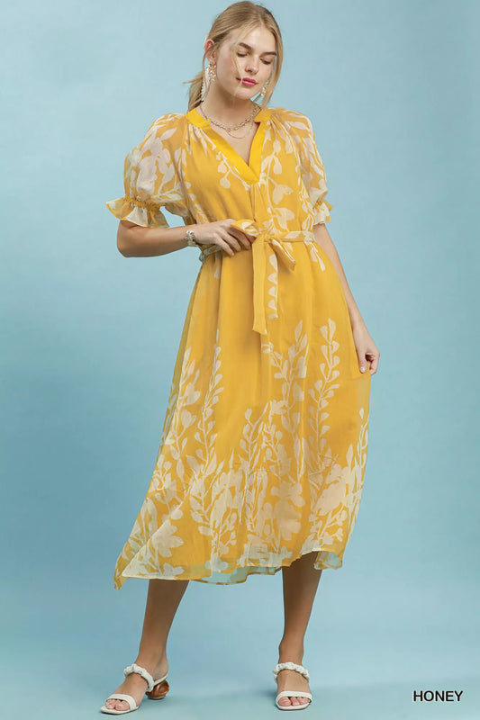 Umgee Floral Print Tie Waist Midi Dress with Side Pockets