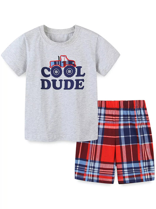 Children's Cool Dude Monster Truck Graphic Tee and Plaid Shorts Set
