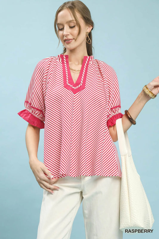Umgee Stripe Ruffle Sleeve Split-Neck Blouse