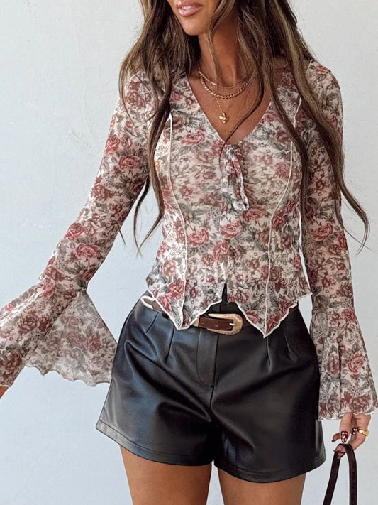 Floral Print Flounce Sleeve Blouse
