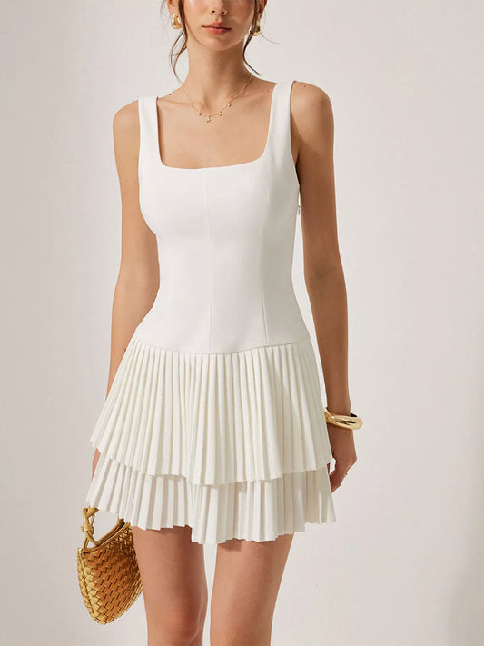 Square Neck Pleated Mini Dress