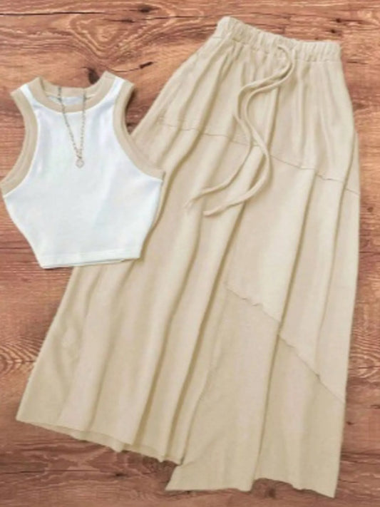 Contrast Trim Tank and Drawstring Waist Skirt Set