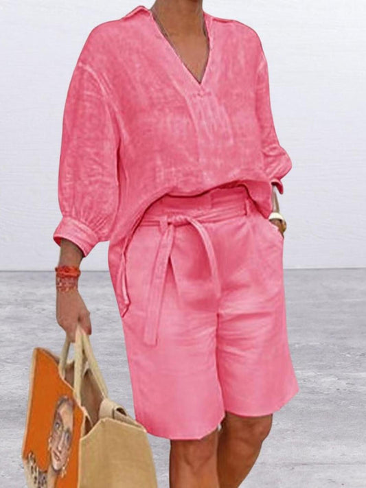 Full Size Johnny Collar 3/4 Sleeve Top and Shorts Set Plus Size