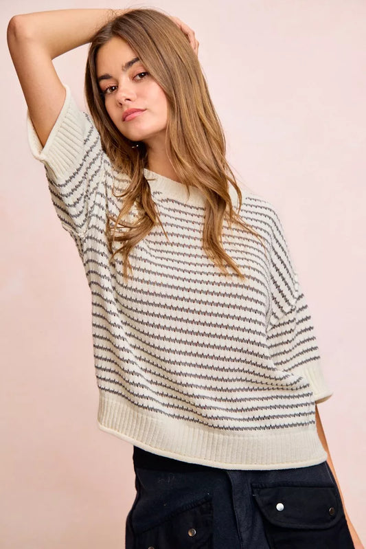 BiBi Stripes Short Sleeves Rib Banded Outseam Knit Top