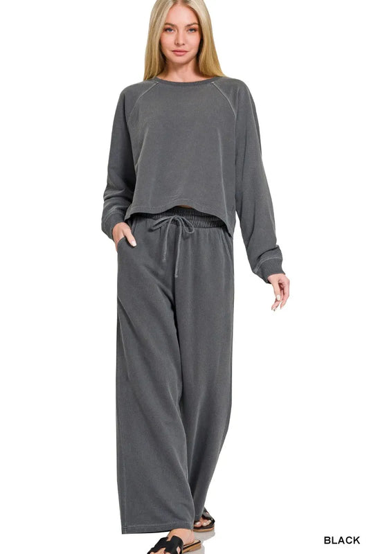 Zenana Washed F/terry Round Neck Pullover & Pants Set
