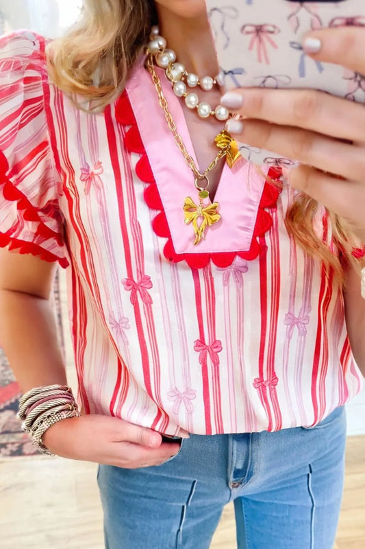 Ric-Rac Trim Ruffled Sleeve Striped Printed Blouse