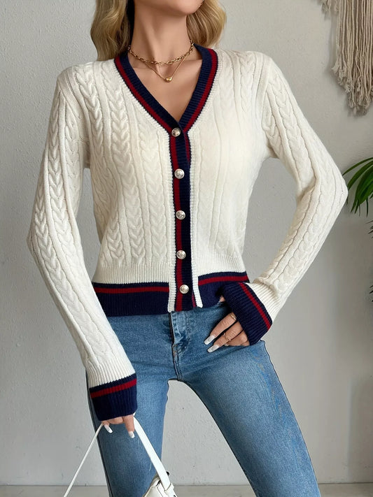 Contrast Trim Cable Knit Cardigan