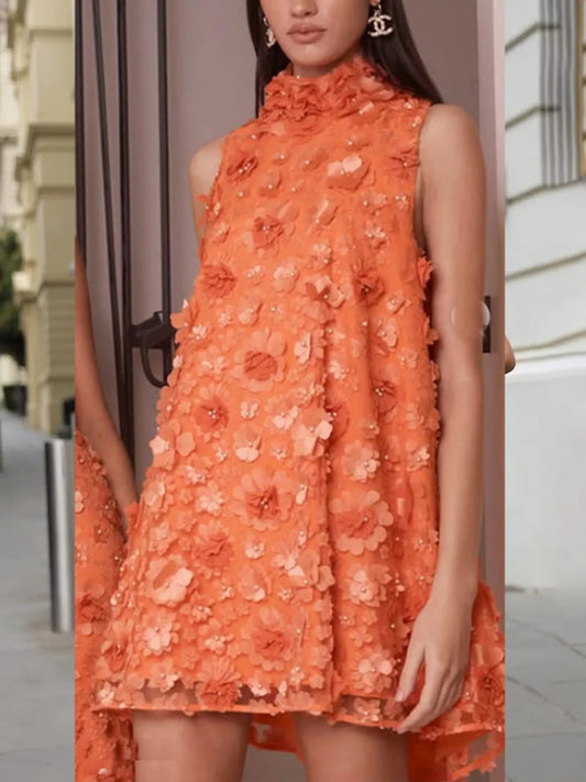 Floral Applique High Neck Sleeveless Mini Dress