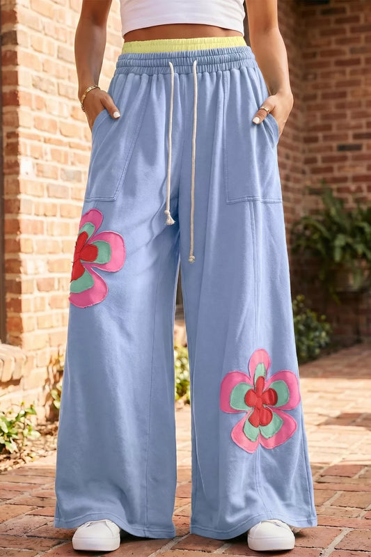 Color Block Flower Patchwork Drawstring Contrasted Elastic Waist Wide Leg Pants
