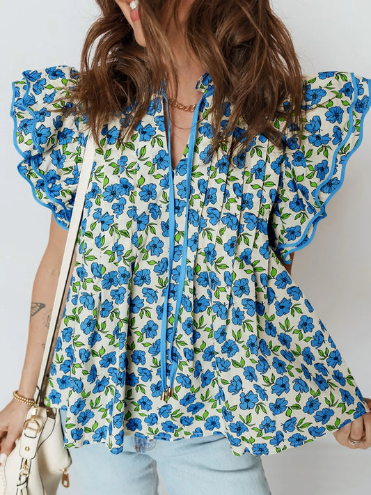 Floral Print Ruffle Sleeve Tie Neck Blouse