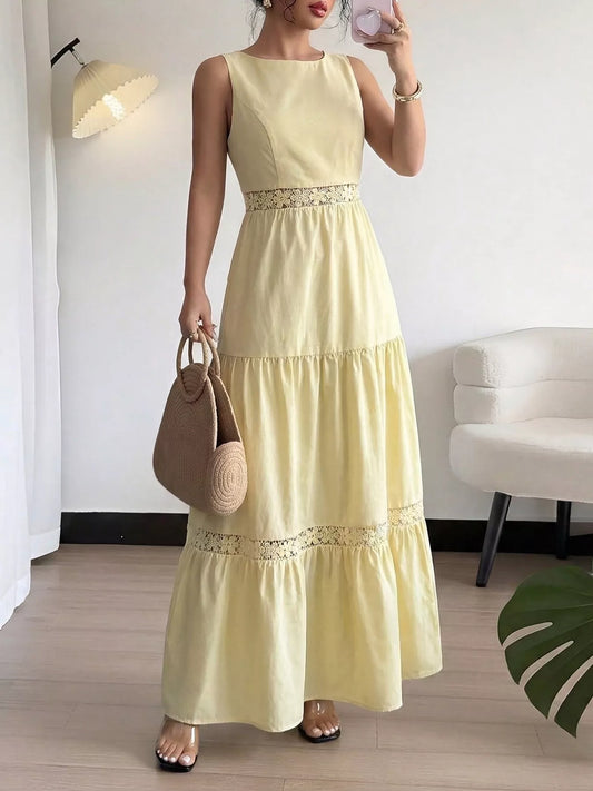 Sleeveless Tiered Lace Trim Maxi Dress