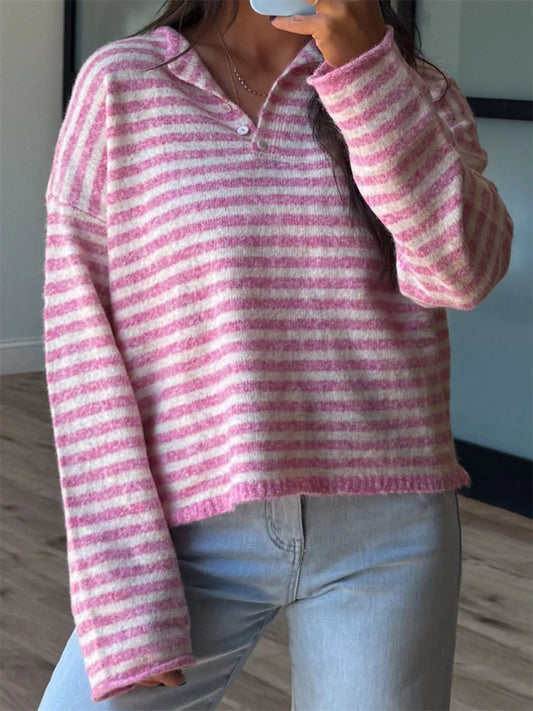 Button Detail Dropped Shoulder Striped Sweater