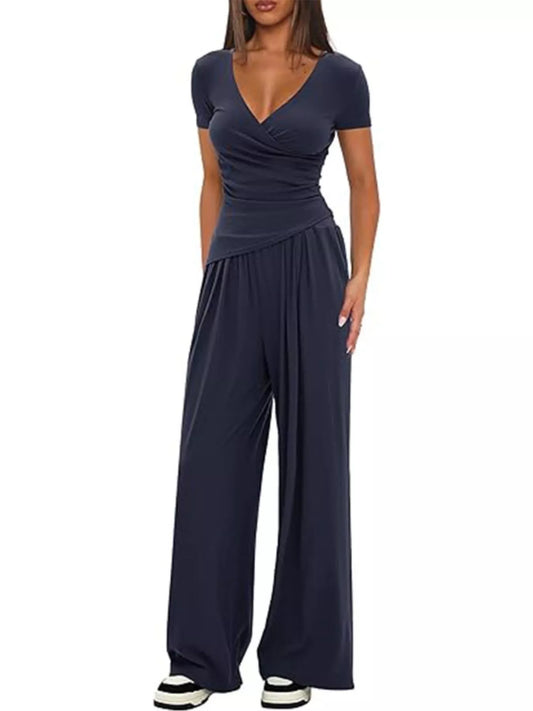 Surplice Short Sleeve Top and Pants Set