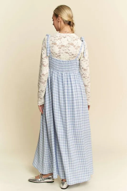 Davi & Dani Plaid Smocking Sleeveless Maxi Dress