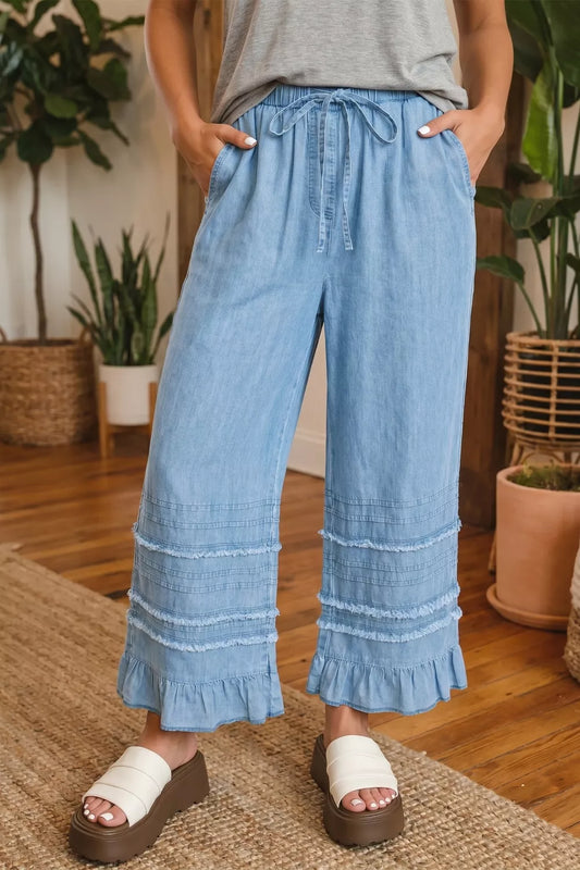 Ruffled Hem Wide Leg Chambray Jeans