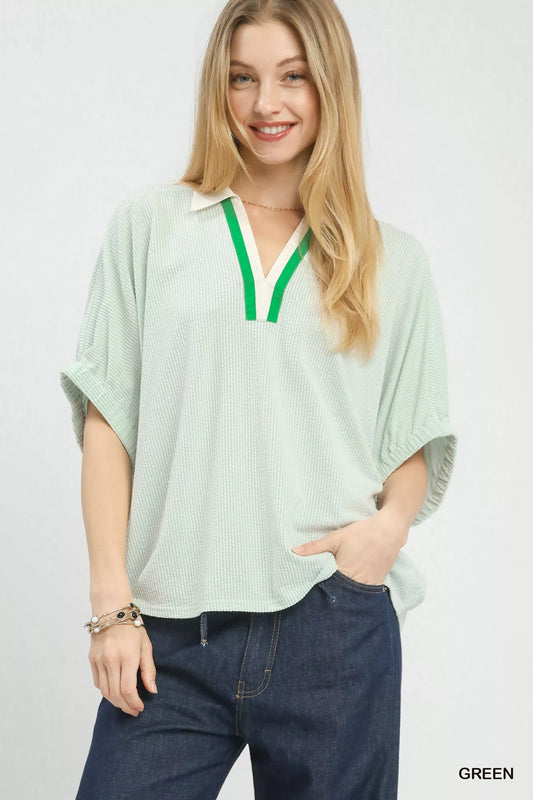 Umgee Contrast Collar V-Neck Top