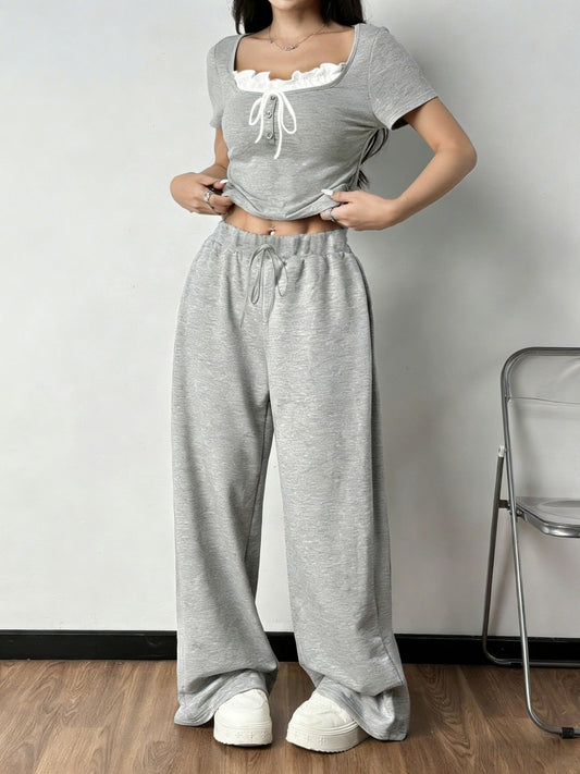 Tie Front Short Sleeve Top and Pants Set