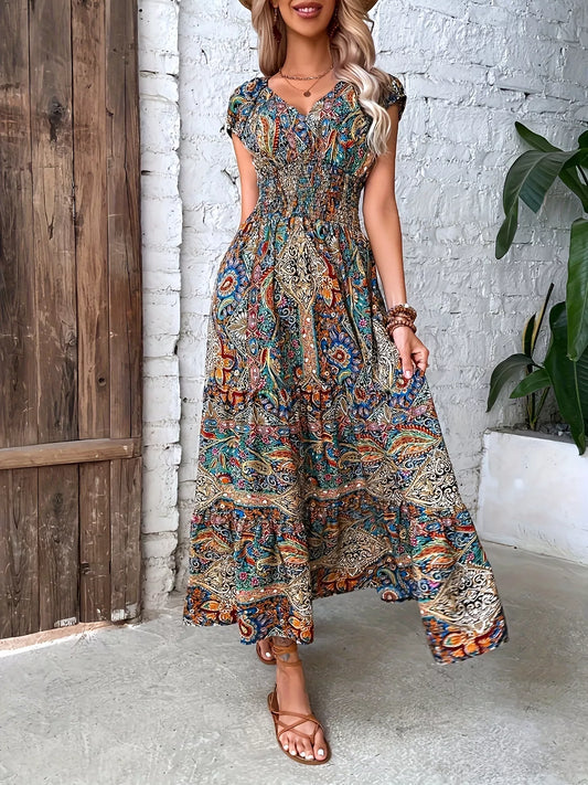 Paisley Print Cap Sleeve Maxi Dress