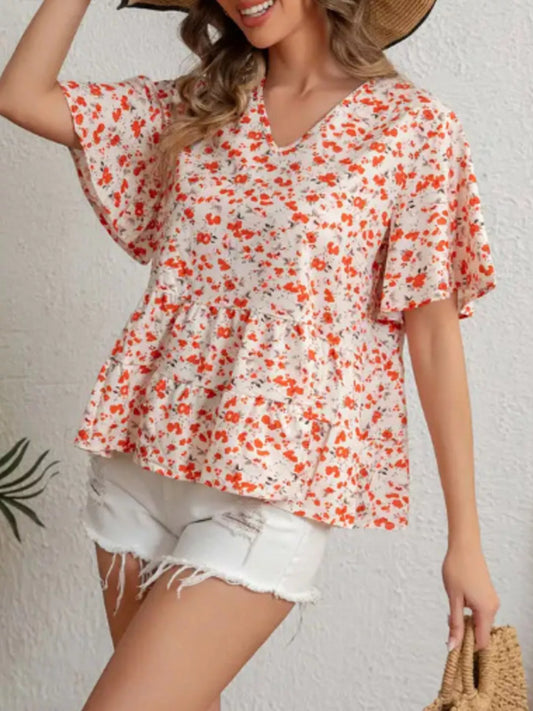 Floral Print V-Neck Ruffle Sleeve Peplum Blouse