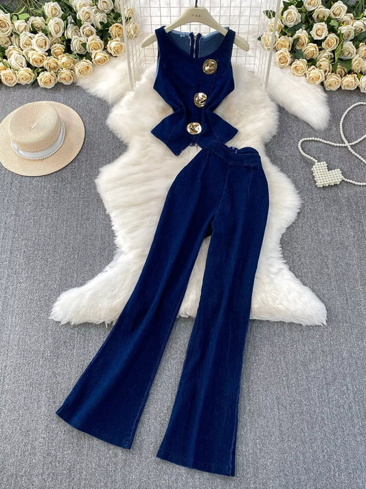 Button Detail Vest and Flare Jeans Denim Set