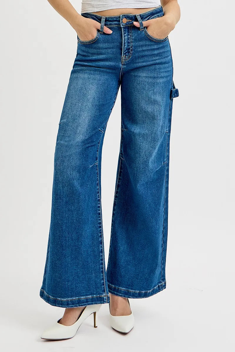 RISEN Full Size High Rise Wide Leg Patch Detailed Jeans Plus Size