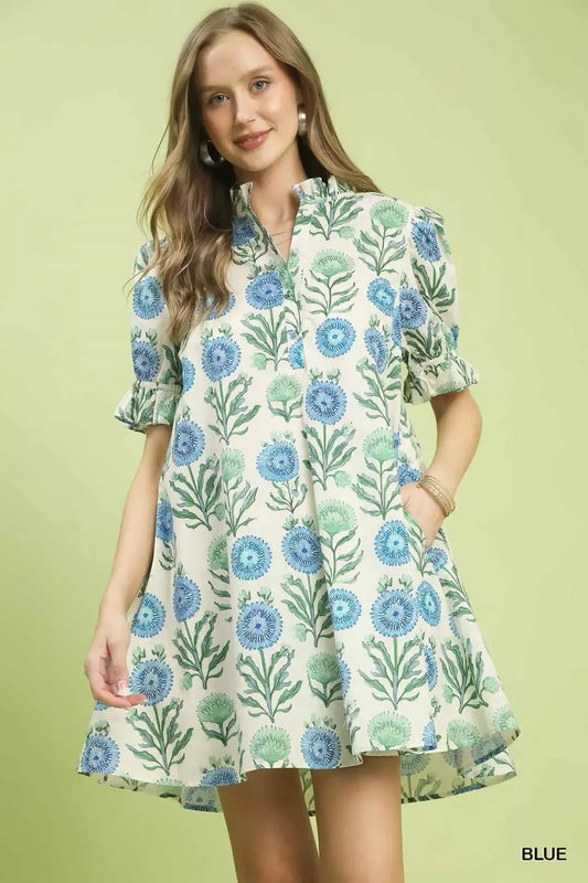 Umgee Floral Puff Sleeve Babydoll Dress with Side Pockets