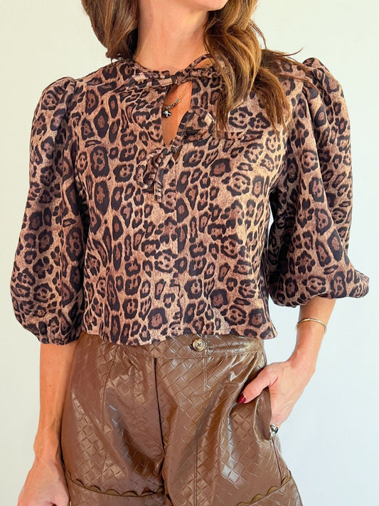 Leopard Bow Tie Puff Sleeve Blouse