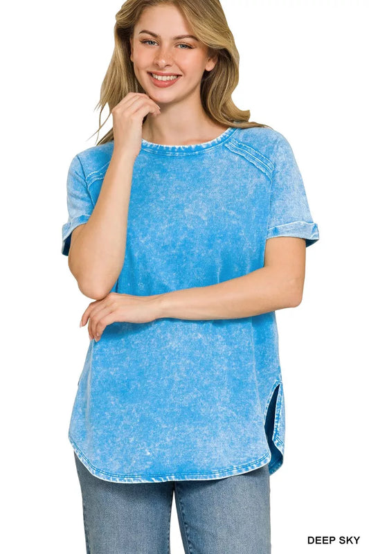 Zenana French Terry Washed Curved Hem Top