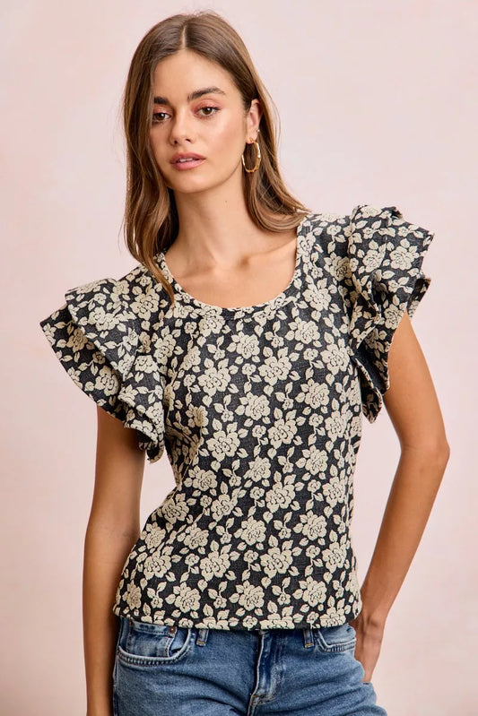BiBi Floral Jacquard Ruffle Sleeves Knit Top